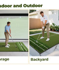 Big 5x4ft Double Turf Golf Hitting Mat For Indoor Outdoor Practice With Sight Line And Approach Angle Aid in use in garage and backyard