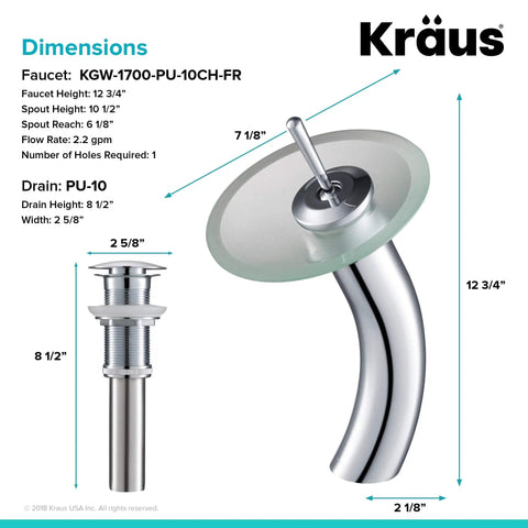 Tall Waterfall Vessel Sink Faucet With Frosted Glass Disk And Pop Up Drain Chrome Finish Next Level Centerpiece For Modern Bathrooms