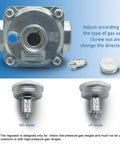 Gas pressure regulator with two brass adapters (1/2 to 3/8 in) for NG/LPG; front view, silver body, blue cap.