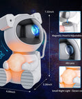 Astronaut Galaxy Projector Night Light With Moon Lamp 7 Color Nebula Glow showing product size and features.