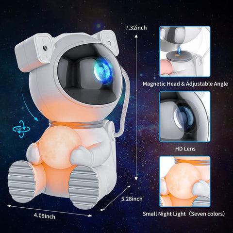 Astronaut Galaxy Projector Night Light With Moon Lamp 7 Color Nebula Glow showing product size and features.