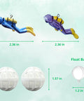Blue and purple PVC scuba divers with yellow accents, 2.36 inches each, with 1.57-inch white filter balls next to them.
