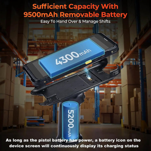 Android 13 Pistol Grip Barcode Scanner With Wi Fi 6 Handheld Mobile Computer showing removable 9500mAh battery in warehouse.