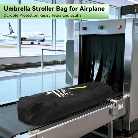 Umbrella Stroller Travel Bag Shield For Airplane Travel on airport conveyor belt near security gate, black tear-resistant cover