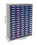 Heavy Duty Steel Parts Cabinet, 75 Drawer Bolt And Nut Sorter With Built In Dividers, blue and grey storage unit with 75 drawers.