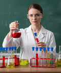 Scientist with All In One Test Tube Rack Set With 12 Clear Test Tubes And Two Red Racks in a lab setting for experiments.
