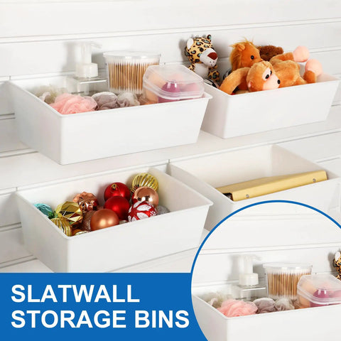Six Pack Of Large Slatwall Storage Bins White PVC Slatwall Containers installed on wall holding various items