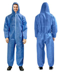 Front and back of Blue Disposable Coveralls With Hood In Large Size Tri Laminated SMS Polypropylene Work Suit With Zipper And Elastic Wrists