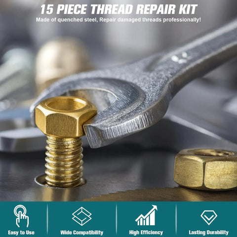 Close-up of Go-To 15-Piece Metric Thread Chaser Set with wrench and nuts, showcasing thread repair on metal surface.