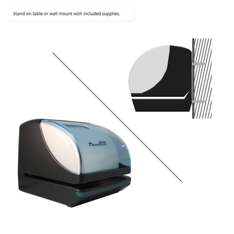 Real Deal Electronic Time Recorder With Battery Backup And Atomic Clock Sync, No Fuss Payroll Time Stamp For Right Or Left Cards, Drop Dead Simple Auto Or Manual Mode side view showing stand and wall mount options.