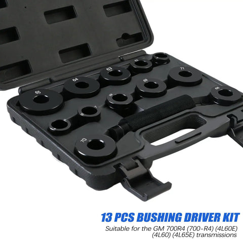Pro Grade GM Transmission Bushing Driver Kit 13 Piece Master Set For 700R4 4L60 4L60E 4L65E in open case with knurled handle