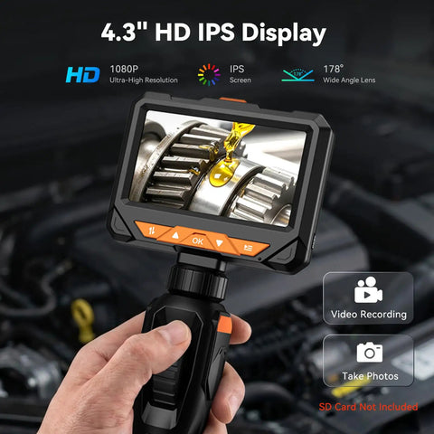 Two-Way 210° Articulating Borescope With 4.3 Inch 1080P Endoscope Camera And LED Light For Quick Engine And HVAC Inspections Pro-Grade Flexible Probe Crystal Clear Real-Time Views For Easy Troubleshooting, hand-held screen showing gears