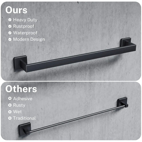 Comparison of matte black bathroom accessories set with modern rustproof towel bar and traditional rustier adhesive rack.