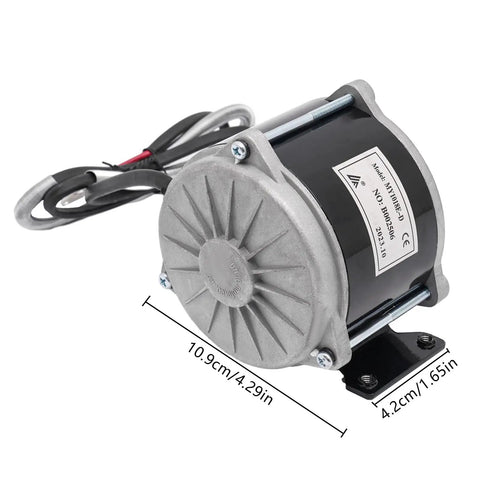 Built Tough 24V DC 500W Brushed Electric Motor With Integrated Gear Reduction For Electric Scooter And Ebike Drive 1700 RPM High Torque side view with dimensions shown.