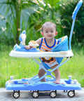 Baby sitting in a blue and white walker with 4Pcs Baby Walker Wheels Replacement Set, Universal Removable Plastic Casters For Strollers.