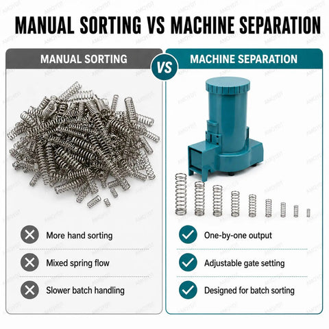 Comparison of manual spring sorting and Automatic Spring Separator For Small Coil Springs 2 To 15mm Diameter Stainless Steel Tray With Safety Guards Jam Resistant Design Quick Fuse Install Centrifugal Vibration Sorting For High Volume Tangled Spring Solution showing machine advantages.