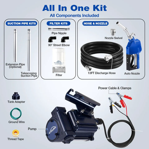 Heavy Duty 12V DC Fuel Transfer Pump 15 GPM With Auto Shutoff Nozzle Industrial Grade Hose And Inline Filter kit components diagram