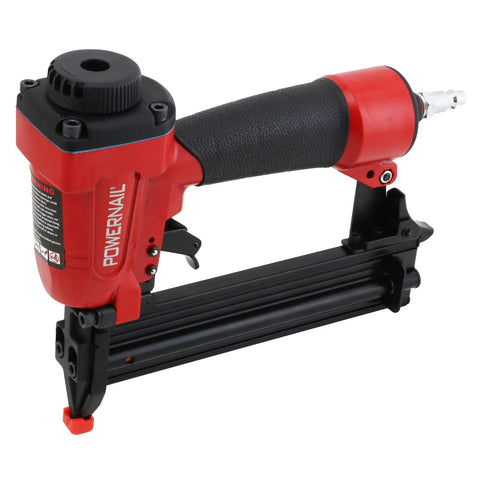 18 Gauge Straight Strip Brad Nailer That Works Like A True Straight Shooter For Fast Finish Carpentry features a black rubber grip and red body.