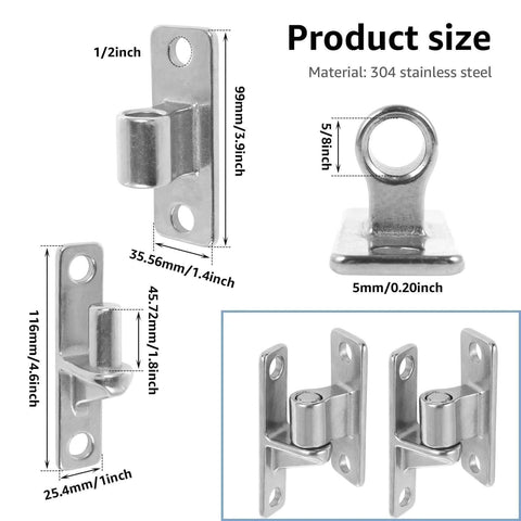 Detachable hinge set, 304 stainless steel wall-mount, 600 lb capacity; includes 2 male and 2 female hinges