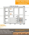 Slick Modular Closet System That Gives Your Bedroom A Major Wardrobe Flex Featuring Six Mega Drawers Eight Stretch Hanging Rods And Adjustable Shelving Towers White Four Piece Kit with dimensions and adjustable features.