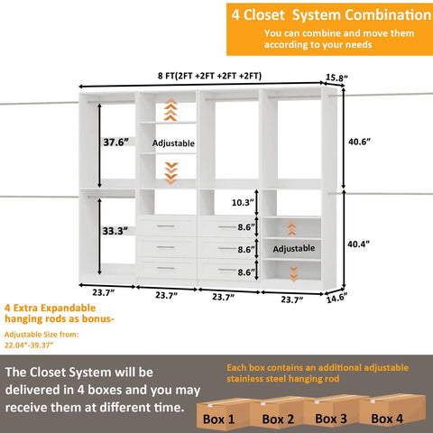 Slick Modular Closet System That Gives Your Bedroom A Major Wardrobe Flex Featuring Six Mega Drawers Eight Stretch Hanging Rods And Adjustable Shelving Towers White Four Piece Kit with dimensions and adjustable features.