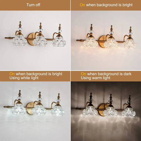 Vintage Brass Vanity Light Fixtures For Bathroom Lighting Retro Brass Vanity Sconces, multiple settings, light variations