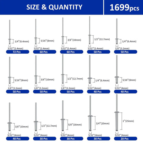 Size chart displaying 1699 Piece Aluminum Steel Pop Rivets And Washers Kit With Double Sided Storage Box 25 Sizes From 3/32 Inch To 1/4 Inch DIY Friendly For Metals Furniture And Automotive Projects