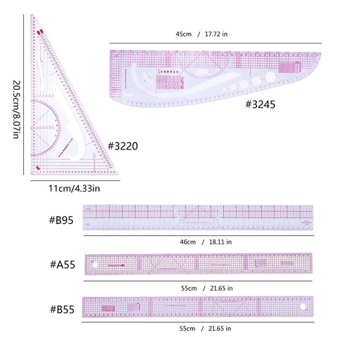 French Curved Ruler For Sewing Beginners with clear scale and measurements for dressmaking, multiple ruler designs shown with dimensions