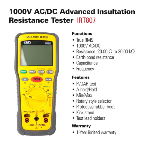 Insulation Resistance Tester 1000V Megohmmeter For Electric Pros Pro Grade Quality, 0.01MOhm To 2GOhm Range, Voltage Check Up To 1000V, High Accuracy Meter For Troubleshooting And Safety Compliance on yellow handheld tester