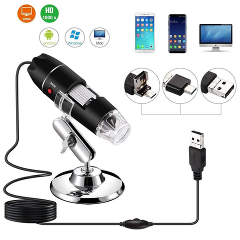40x To 1000x Magnification Endoscope With 8 LED Handy USB 2.0 Digital Microscope, Mini Camera With OTG Adapter And Metal Stand, Compatible With Mac Windows Linux Chrome Android Not For iPhone iPad, on metal stand