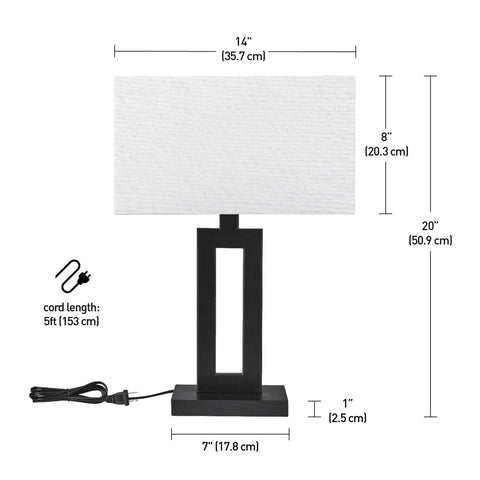 D'Alessio Table Lamp In Matte Black With Modern Cutout Body And White Linen Shade, 20 Inch Tall Diffused Light With Measurements