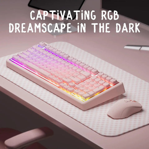 Premium Wireless Mechanical Keyboard With Hot Swap Gasket Mount, Lowkey Gorgeous Pink Shell, Effortless Bluetooth Connection, Vibrant RGB Lighting on desk