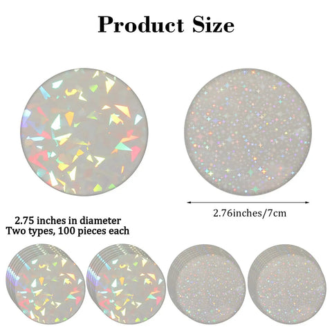 200 Pcs Button Maker Protective Film For 2.76 Inch Badges Holographic Glitter Film in two styles, showing broken glass and star patterns.