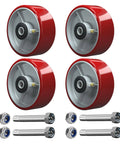 Five Inch Heavy Duty Caster Wheels Set Of Four With Polyurethane Tread On Steel Wheel Half Inch Bore 1000 Lb Per Wheel shown with bolts