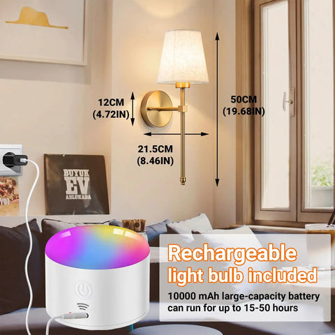 Zero Plug Drama Wireless Wall Sconce Set Of Two With Chill Remote And Dimmable Touch Cordless Lamp Fixtures Loaded With Soft Fabric Linen Shades For Relaxed Bedroom Or Den Vibes Snappy Diy Setup Comes With Premium Led Bulbs, showcasing gold finish and fabric shade in a stylish living space.