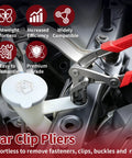 Garage Ready Car Clip Pliers That Knock Out Stubborn Auto Fasteners In Seconds, stainless steel with red grips in car engine.