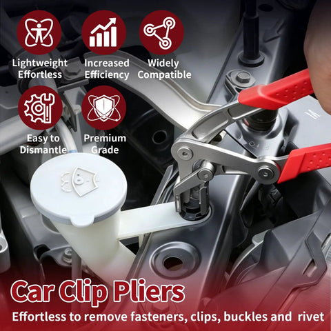 Garage Ready Car Clip Pliers That Knock Out Stubborn Auto Fasteners In Seconds, stainless steel with red grips in car engine.