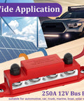 Marine Grade 12V Bus Bar Power Distribution Block With Cover For Boat And Car Solar Wiring, 250A, Four Posts Three Eighths Inch