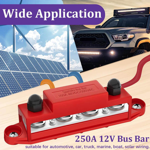 Marine Grade 12V Bus Bar Power Distribution Block With Cover For Boat And Car Solar Wiring, 250A, Four Posts Three Eighths Inch