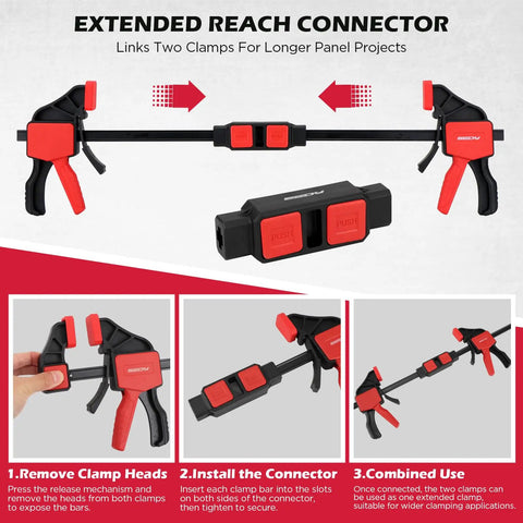 Six Inch Bar Clamp Set For Woodworking With Clamp Connector, shows two clamps connected for extended reach projects.