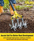 Person using Rotary Cultivator Garden Tool For Loosening Compacted Soil 61 Inch With Detachable Aluminum Tines on garden soil.