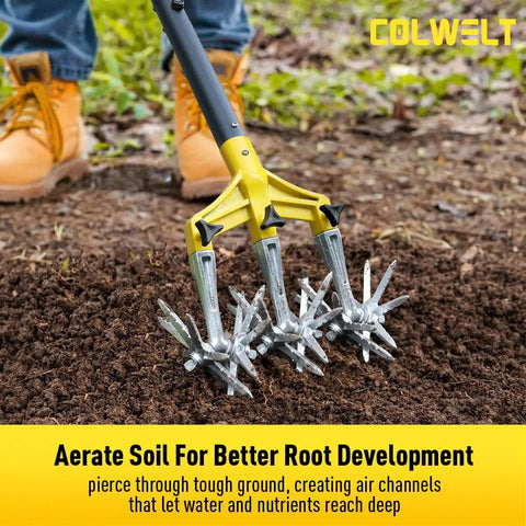 Person using Rotary Cultivator Garden Tool For Loosening Compacted Soil 61 Inch With Detachable Aluminum Tines on garden soil.