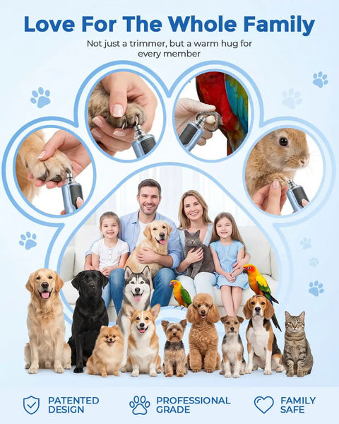 Premium 7 Speed Quiet Pet Nail Grinder For Dogs And Cats Featuring Low Vibes And A 360 Degree Led Ring For Super Easy Gnarly Claw Trimming At Home with various pets.