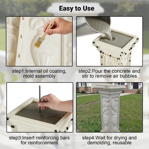 Four-step guide showing 38 By 13 Inch Concrete Pillar Molds For Balcony And Garden Balusters Beefy Heavy Duty 6mm Thick Reusable ABS Cement Form in use.