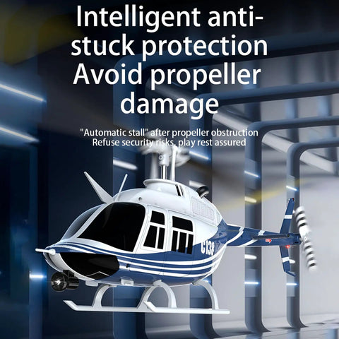 C138 Bell206 RC Helicopter 4CH 2.4GHz with anti-stuck protection display, showing the helicopter in a simulated flight environment