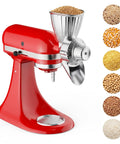Grain Mill Attachment For KitchenAid Stand Mixer With Nine Grind Levels For Fresh Flour From Wheat Corn Oats Millet And Coffee Beans Easy Tool Free Setup And Uses Your Mixer Power For Efficient Grinding, red mixer with attachment