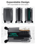 BAGSMART expandable carry-on luggage, gray polycarbonate hard-shell with spinner wheels and 20% extra capacity.