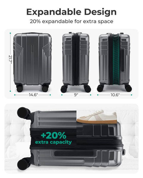 BAGSMART expandable carry-on luggage, gray polycarbonate hard-shell with spinner wheels and 20% extra capacity.