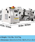 8x14 Inch Metal Lathe Machine With 650W Motor And Adjustable Speed Up To 2250 RPM front view with dimensions and controls.