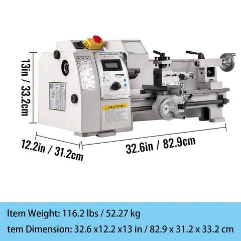 8x14 Inch Metal Lathe Machine With 650W Motor And Adjustable Speed Up To 2250 RPM front view with dimensions and controls.